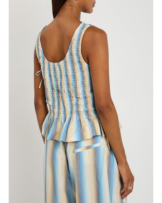 Ganni Blue Ombre Stripe Smocked Cotton-Poplin Top