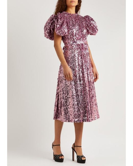 ROTATE BIRGER CHRISTENSEN Purple Puff-sleeve Sequin-embellished Midi Dress