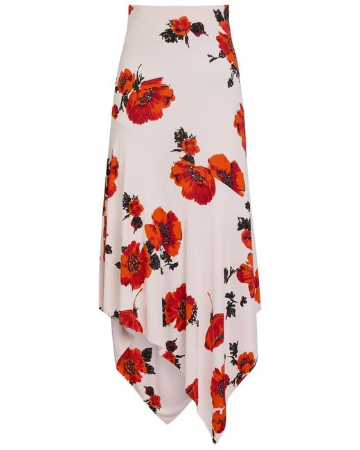 Alaïa Red Floral-Print Asymmetric Jersey Midi Skirt