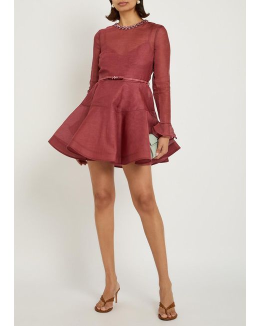 Zimmermann Red Alchemy Belted Linen-Blend Mini Dress