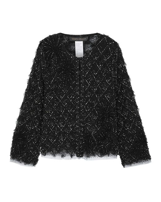 Marina Rinaldi Black Filmato Ruffled Embellished Tulle Jacket