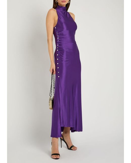 Rabanne Purple Ruched Asymmetric Stretch-Jersey Maxi Dress