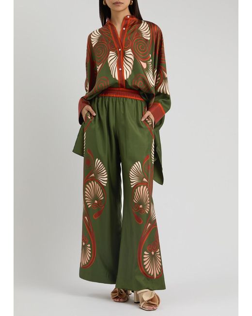 LaDoubleJ Green Palazzo Printed Silk-Satin Trousers