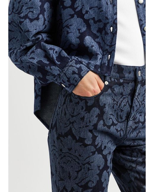 Alexander McQueen Blue Damask Floral-Print Straight-Leg Jeans