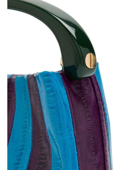 Dries Van Noten Blue Crisp Striped Glossed Leather Top Handle Bag