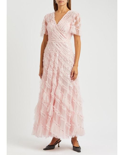 Needle & Thread Pink Spiral Sequin-embellished Tulle Gown