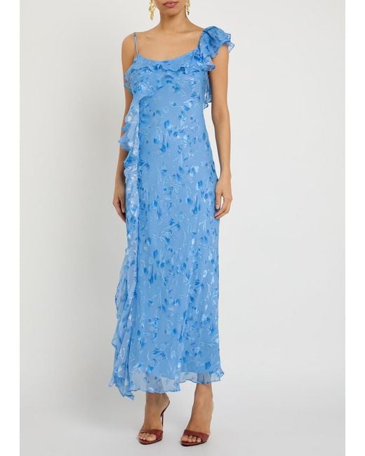Rixo Blue Ester Devoré Silk-Blend Maxi Dress