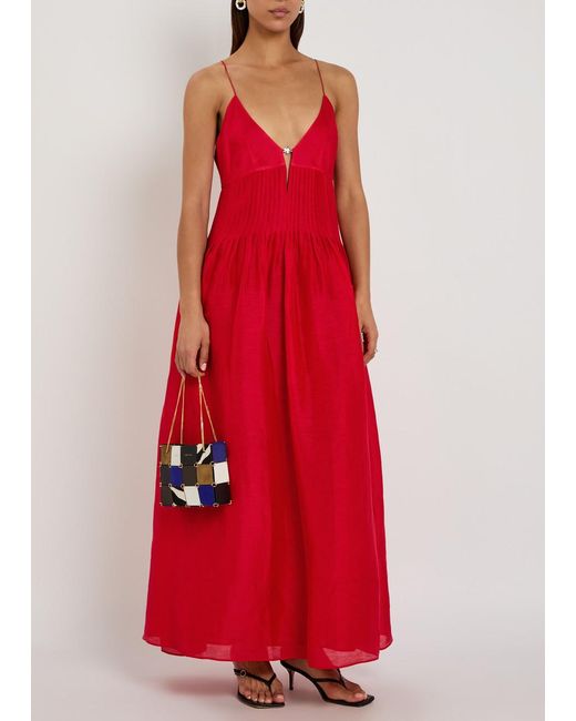 Tory Burch Red Pleated Linen And Silk-Blend Maxi Dress