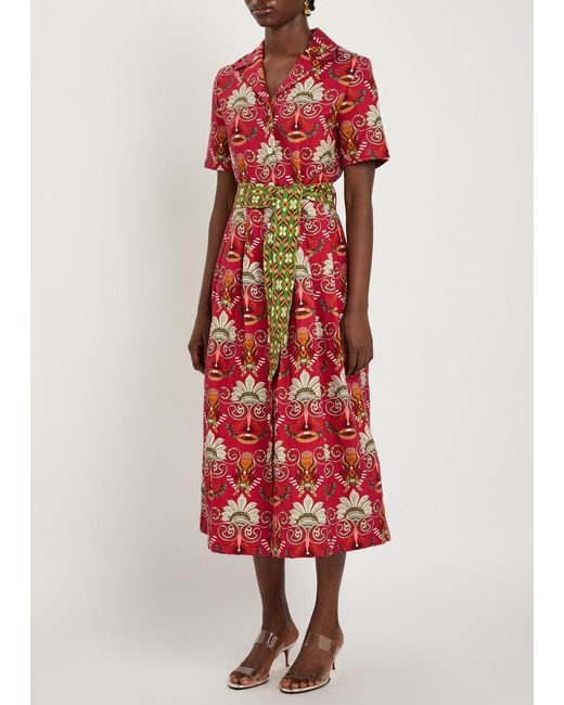 Emporio Sirenuse Red Claudia Printed Linen And Cotton-Blend Midi Shirt Dress