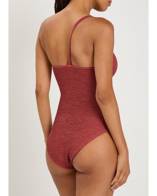 Hunza G Red Clara One-Shoulder Crinkle Swimsuit
