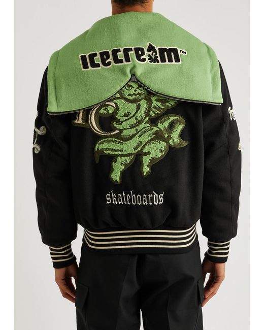 ICECREAM Black Cherub Logo Felt Varsity Jacket for men