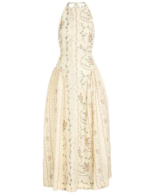 Agua Bendita Natural Balsa Floral-Embroidered Linen Maxi Dress
