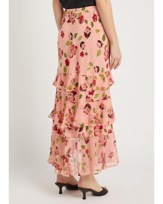 Rixo Red Preslee Floral Ruffled Silk-Chiffon Midi Skirt