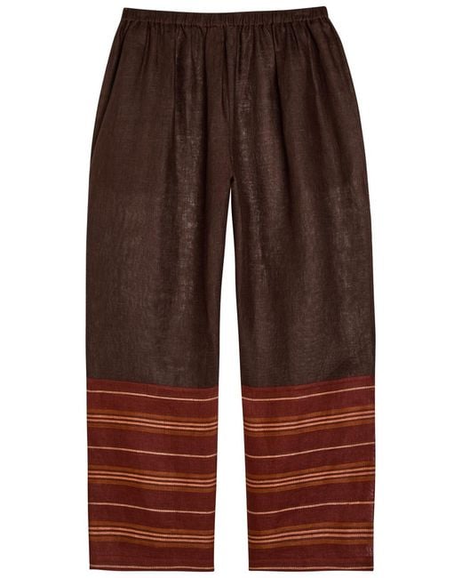 Tory Burch Brown Stripe-Trimmed Semi-Sheer Linen Trousers