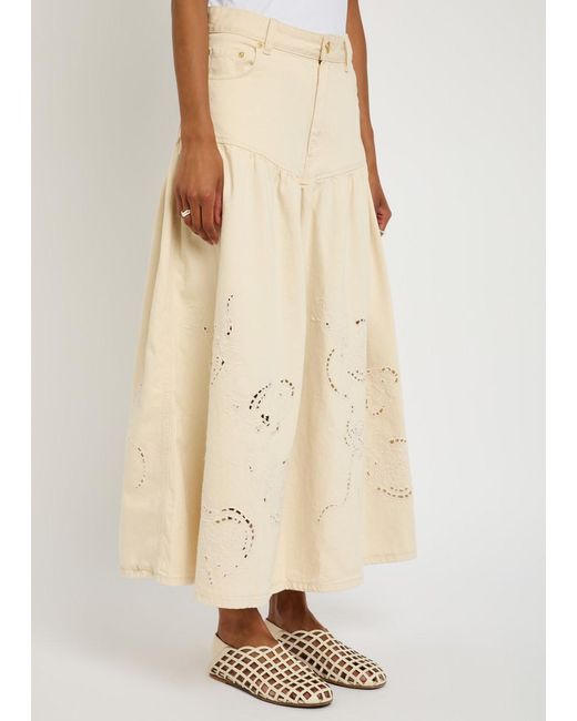 Ganni Natural Embroidered Denim Midi Skirt