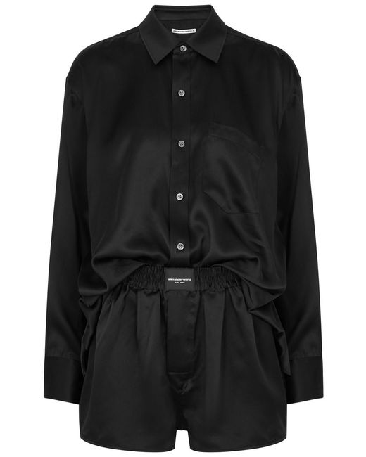 T By Alexander Wang Black Alexanderwang. T Logo Silk-satin Playsuit