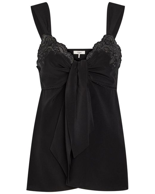 Chloé Black Lace-Trim Silk-Georgette Top