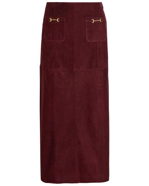 Rixo Red Edwina Horsebit-Embellished Suede Midi Skirt