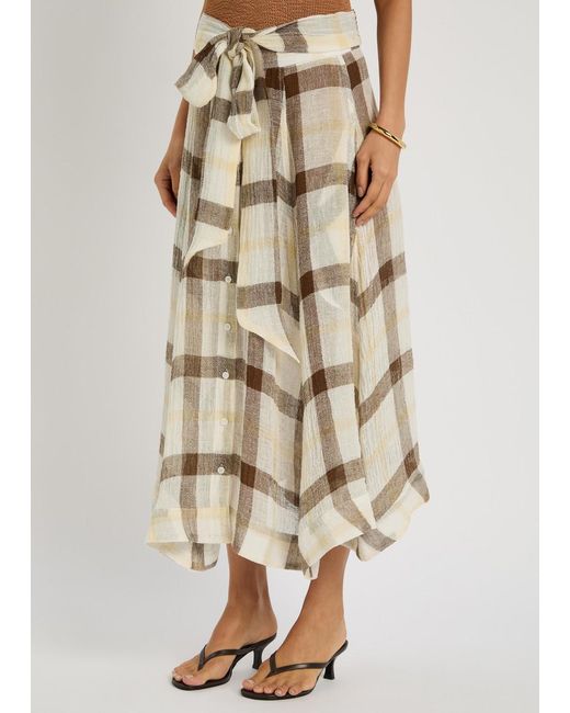 Lisa Marie Fernandez Natural Checked Belted Linen-Blend Midi Skirt