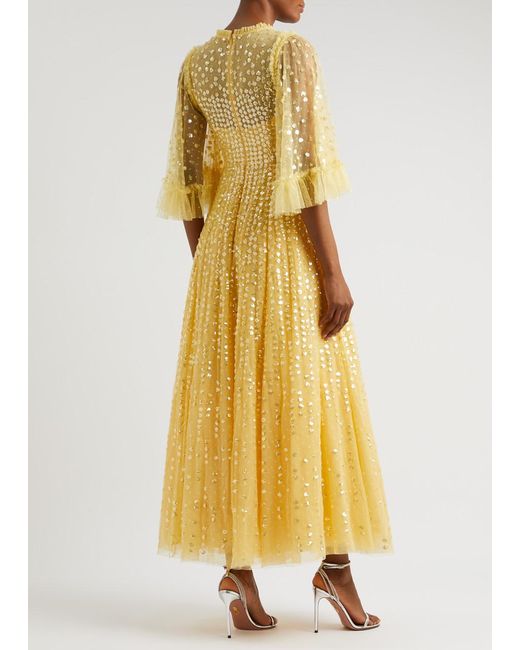 Needle & Thread Yellow Raindrop Sequin-Embellished Tulle Gown
