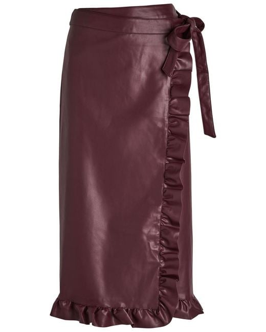 Never Fully Dressed Purple Jaspre Ruffled Faux Leather Midi Wrap Skirt