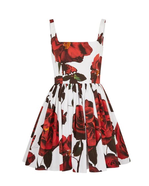 Alexander McQueen Red Floral-Print Cotton Mini Dress