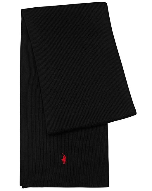 Polo Ralph Lauren Black Logo-embroidered Ribbed Wool Scarf for men