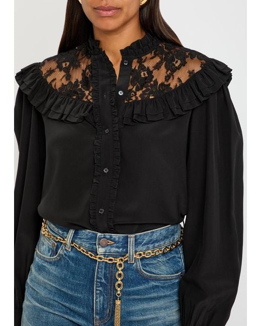 Chloé Black Ruffled Lace-Trim Silk Blouse