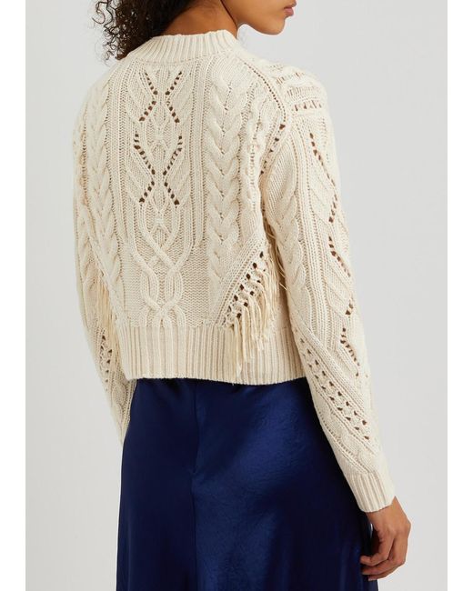Vince White Fringed Cable-knit Wool-blend Jumper