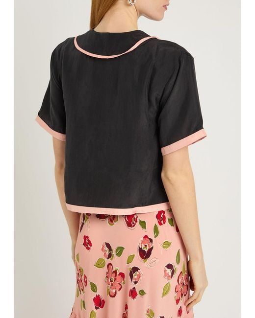 Rixo Blue Nicolina Floral-Embroidered Silk Top