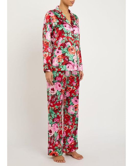 Olivia Von Halle Red Lila Floral-Print Silk Pyjama Set