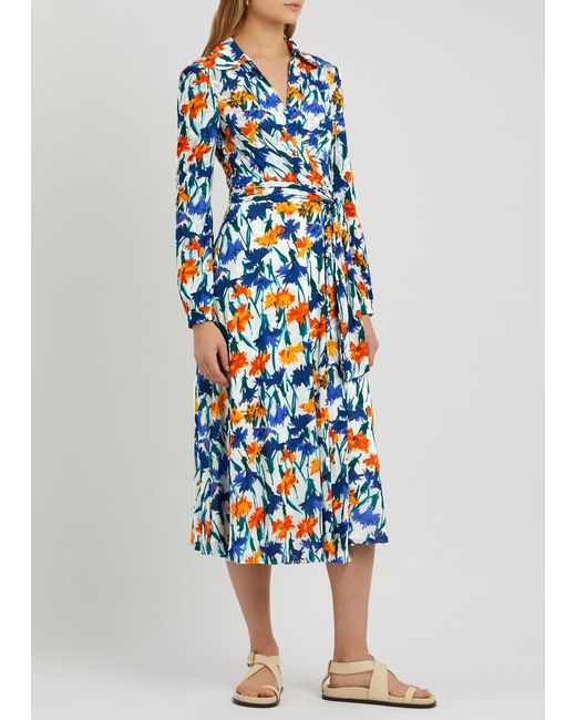 Diane von Furstenberg Blue Phoenix Reversible Printed Tulle Midi Dress