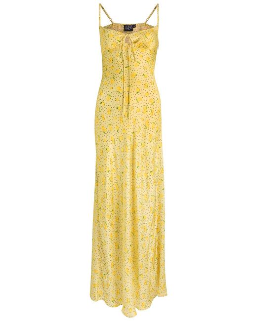 Leslie Amon Yellow Printed Satin Maxi Slip Dress