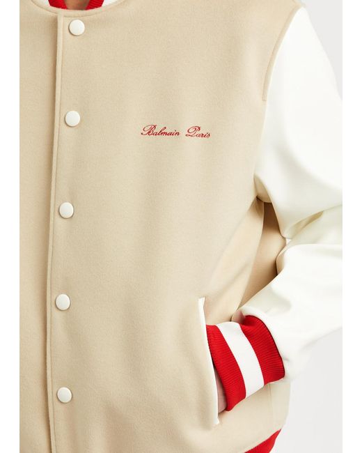 Balmain Natural Panelled Wool Varsity Jacket for men
