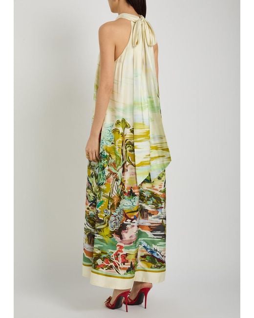 ALÉMAIS Yellow Jungle Boogie Printed Halterneck Silk Maxi Dress