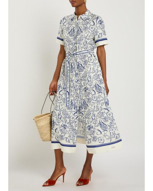 Jonathan Simkhai White Audria Printed Belted Linen-Blend Midi Shirt Dress