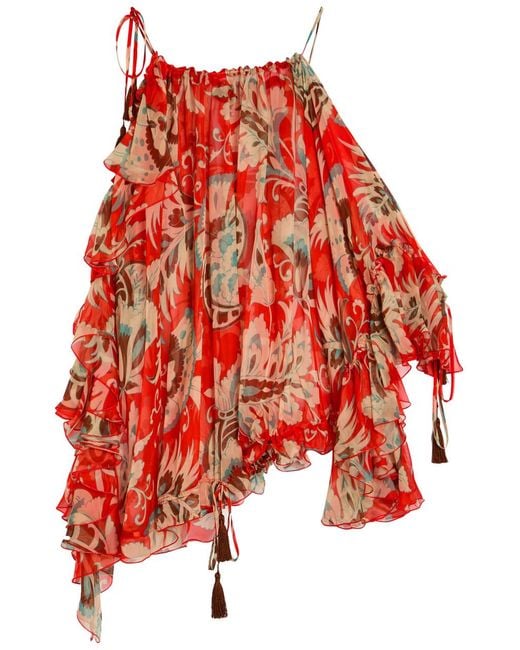 Etro Red Printed Ruffled Silk-Chiffon Top