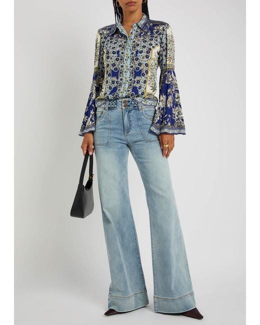 Alice + Olivia Blue Willa Floral Flared-Sleeve Chiffon Blouse