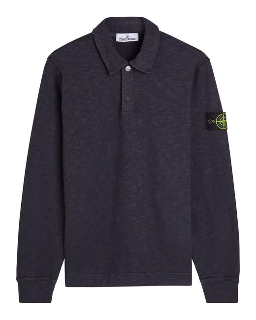Stone Island Blue Logo Slubbed Cotton Polo Sweatshirt for men