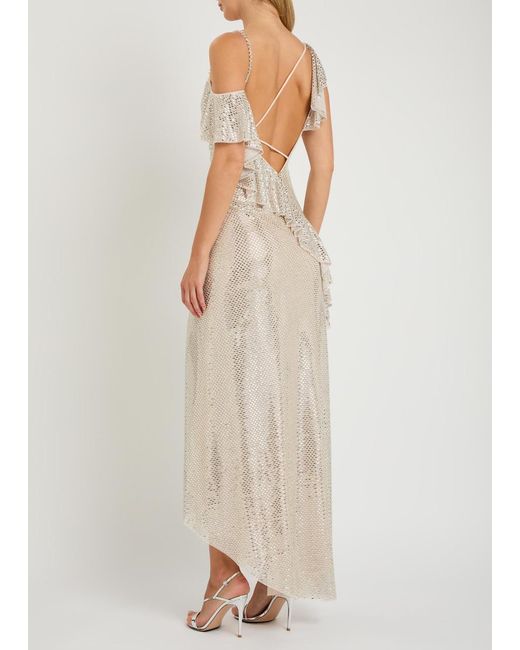 Self-Portrait White Crystal-Embellished Asymmetric Stretch-Tulle Maxi Dress