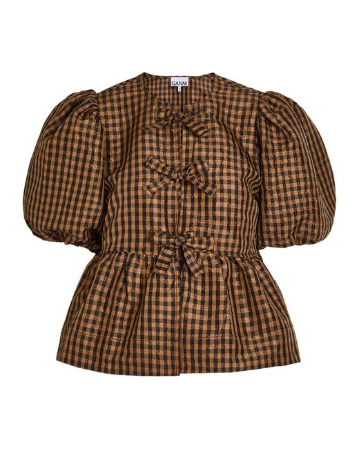 Crinkled Check Blouse in Tobacco Brown main image 0