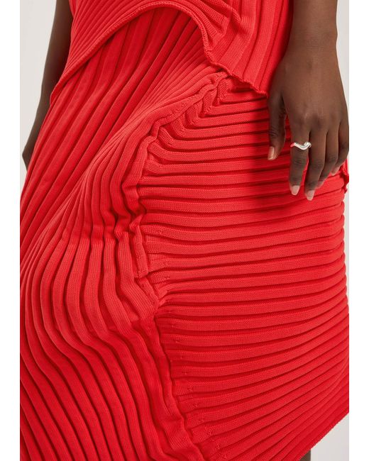 Issey Miyake Red Asymmetric Ribbed-Knit Midi Skirt