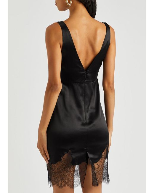 Saint Laurent Black Lace-trimmed Silk-satin Mini Dress