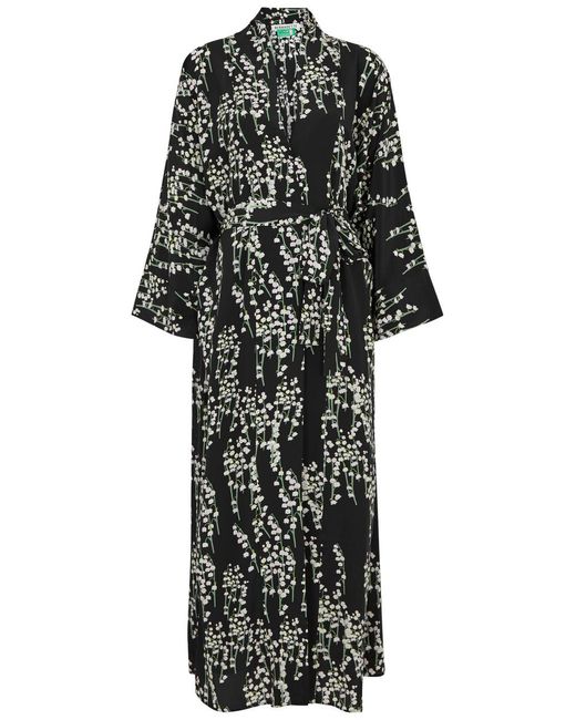 BERNADETTE Black Peignoir Floral-print Silk Wrap Dress