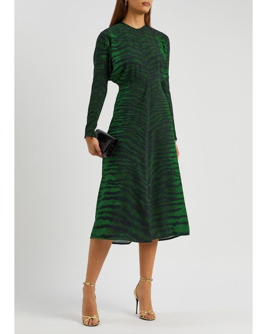 Victoria Beckham Green Tiger-print Panelled Midi Dress