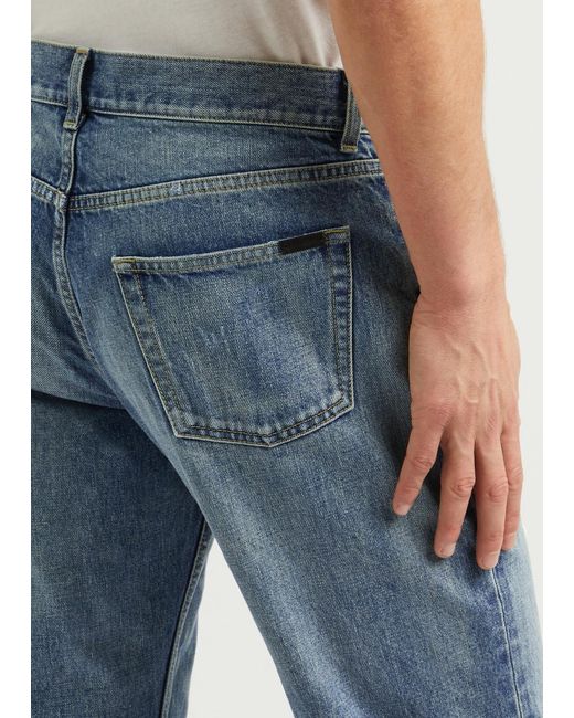 Saint Laurent Blue Distressed Straight-Leg Jeans for men