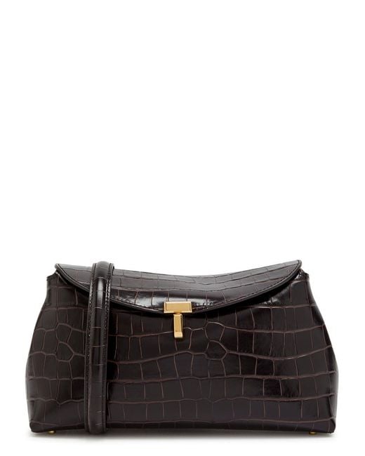 Totême Black T-Lock Crocodile-Embossed Leather Clutch