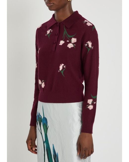 Erdem Purple Floral-Intarsia Merino Wool Polo Jumper