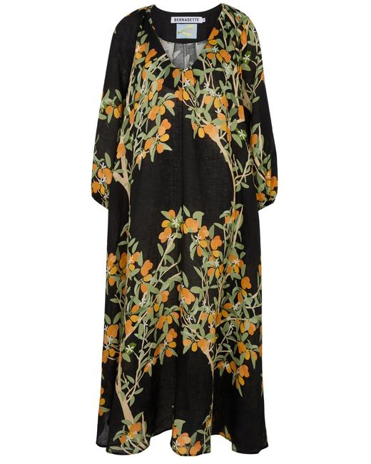 BERNADETTE Black Georgette Floral-Print Linen Maxi Dress