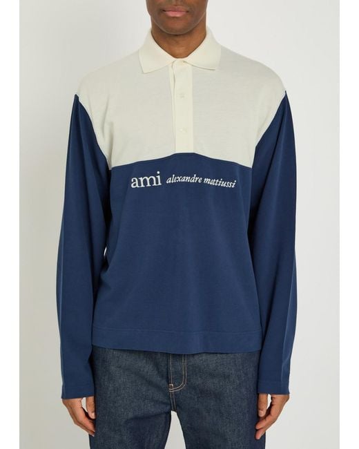 AMI Blue Logo-Embroidered Panelled Piqué Cotton Polo Shirt for men
